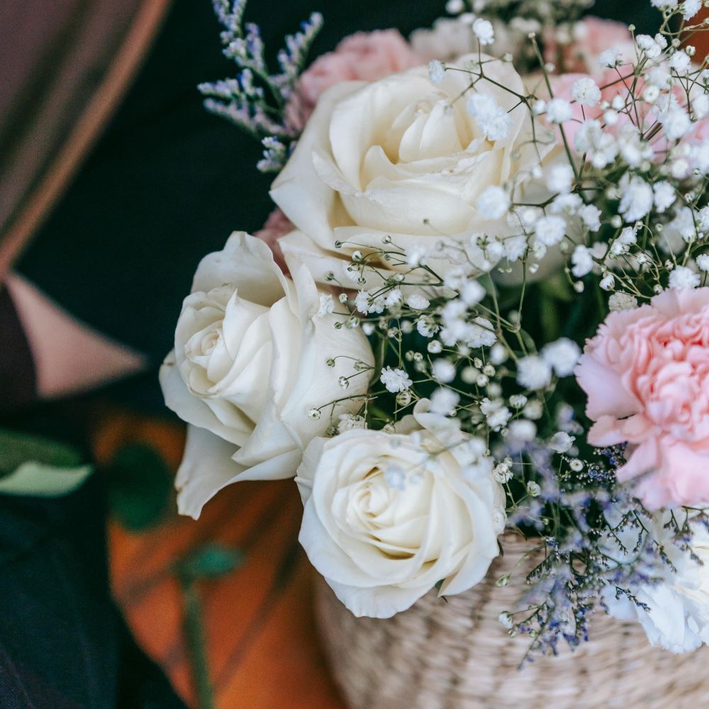 White Rose Sympathy Basket Arrangement - Teona Swift, Pexels